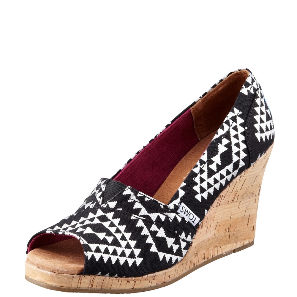 Toms | Reina Tribal Wedge | Peep Toe Sandals | Aztec | Black & Silver | 9.5